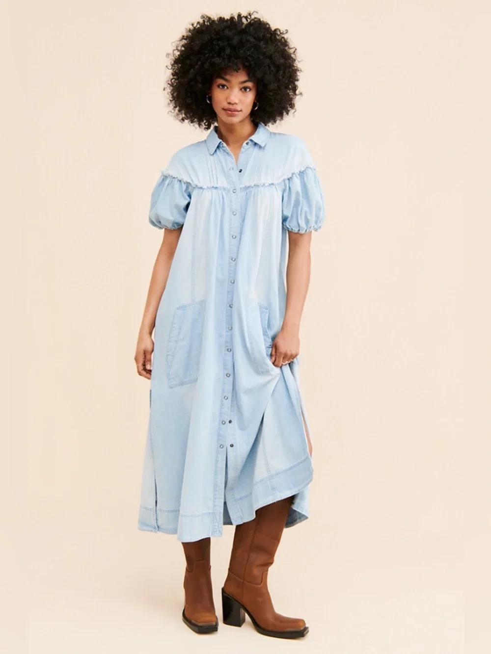 Free People Light Blue Puff-Sleeve Button-Front Midi Dress